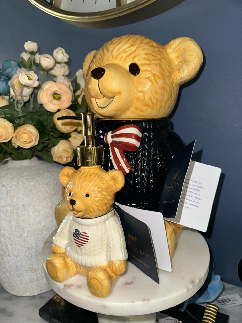 Patriotic Ceramic Teddy Bear Soap Dispenser and cookie jar